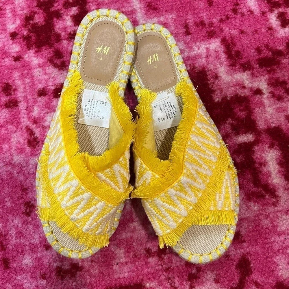 H&M sandals espadrilles criss cross fringe slides yellow embroidered flats